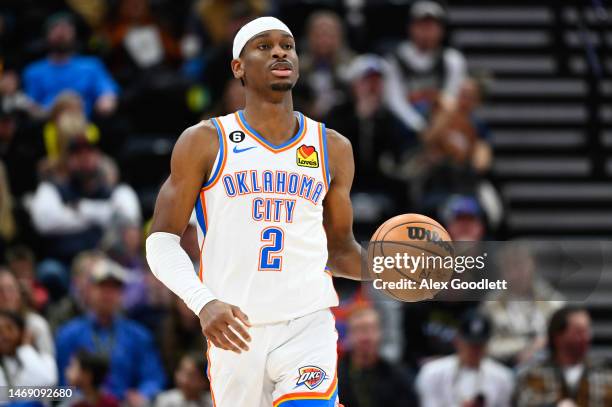 Shai Gilgeous-Alexander of the Oklahoma City Thunder in action during a game against the Utah Jazz at Vivint Arena on February 28, 2023 in Salt Lake...
