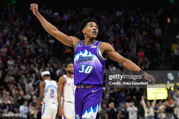 Ochai Agbaji of the Utah Jazz in action during a game against the Oklahoma City Thunder at Vivint Arena on February 28, 2023 in Salt Lake City, Utah....