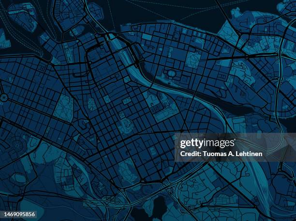 illustrative map of a fictional city in dark tones. - street map foto e immagini stock