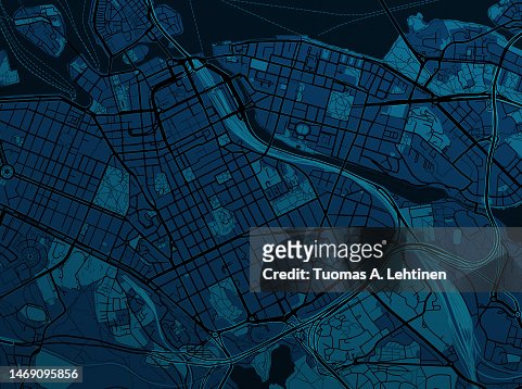 Illustrative map of a fictional city in dark tones.