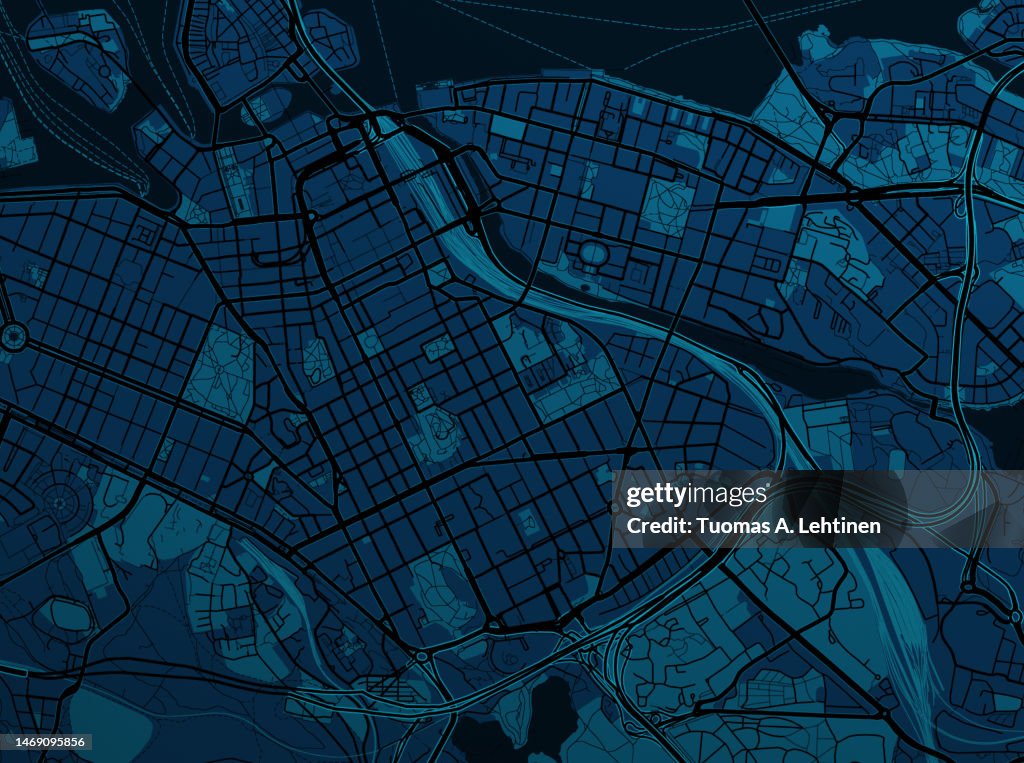 Illustrative map of a fictional city in dark tones.