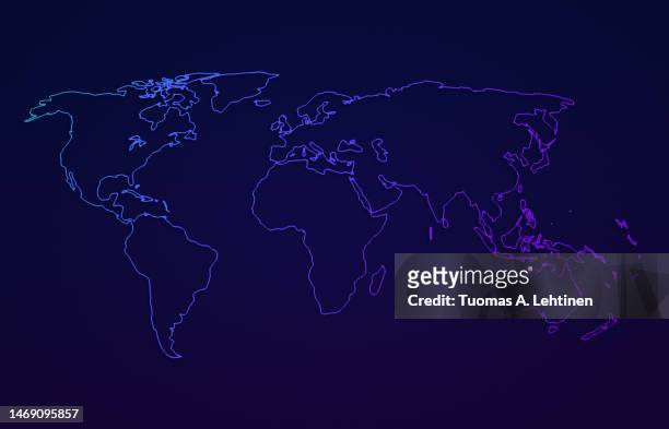 world map with colorful outlines on dark blue background. - world map stock pictures, royalty-free photos & images