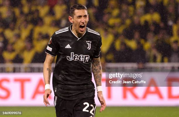 Angel Di Maria of Juventus celebrates his second goal during the UEFA Europa League knockout round play-off leg two match between FC Nantes and...