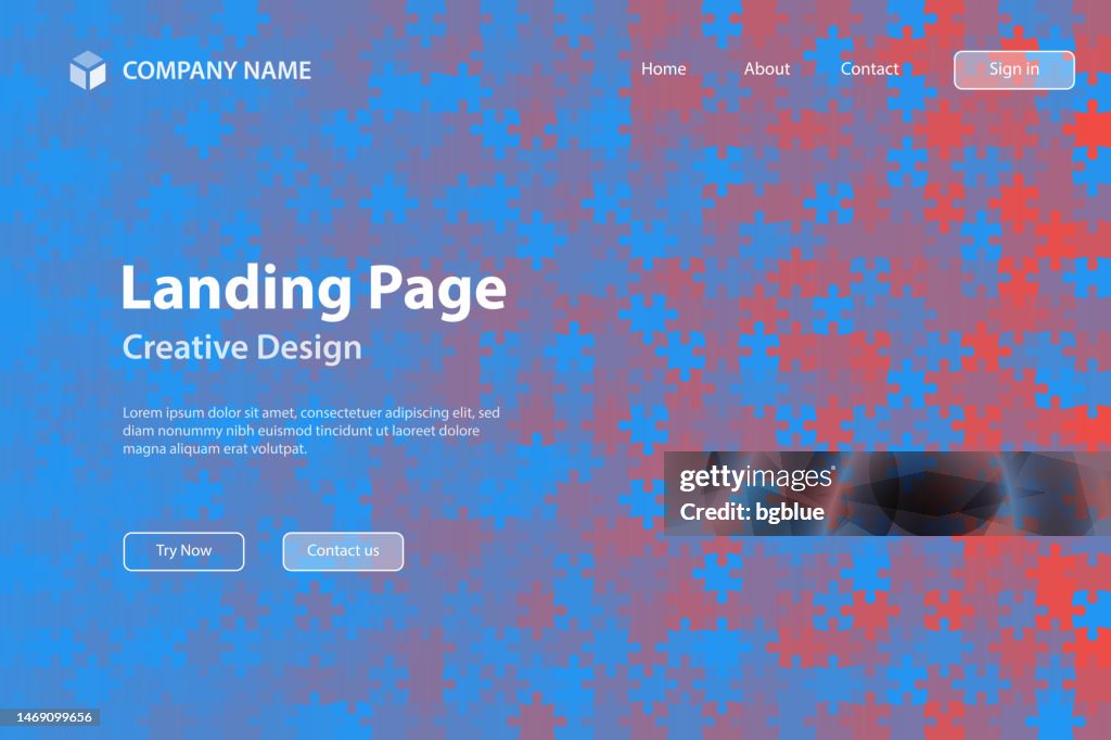 Landign page Template - Red abstract background with jigsaw puzzle
