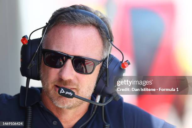 Red Bull Racing Team Principal Christian Horner looks on from the pit wall during day one of F1 Testing at Bahrain International Circuit on February...