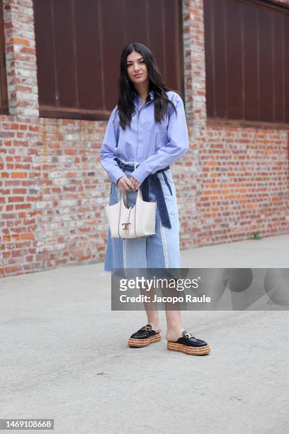 Elisa Maino is seen on the front row of the Tod's fashion show during the Milan Fashion Week Womenswear Fall/Winter 2023/2024 on February 24, 2023 in...