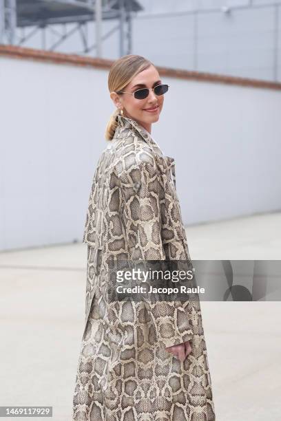 Chiara Ferragni is seen on the front row of the Tod's fashion show during the Milan Fashion Week Womenswear Fall/Winter 2023/2024 on February 24,...