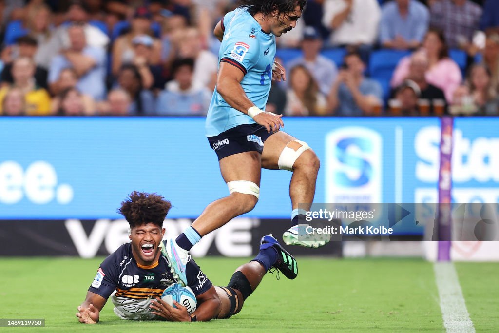 Rob Valetini Rob Valetini of the Brumbies celebrates scoring a try only to have it ...