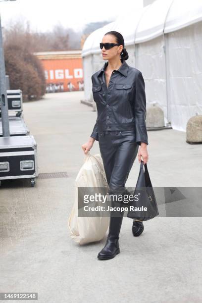 Irina Shayk is seen on the front row of the Tod's fashion show during the Milan Fashion Week Womenswear Fall/Winter 2023/2024 on February 24, 2023 in...