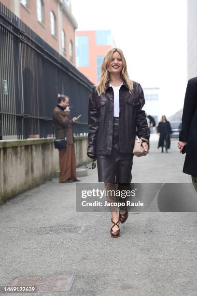 Georgia May Jagger is seen on the front row of the Tod's fashion show during the Milan Fashion Week Womenswear Fall/Winter 2023/2024 on February 24,...