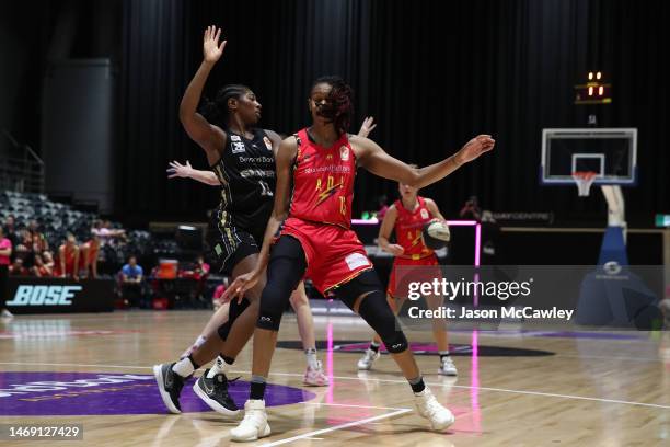 Jocelyn Willoughby of the Flames and Jacinta Monroe of the Lightning during the round 15 WNBL match between Sydney Flames and Adelaide Lightning at...