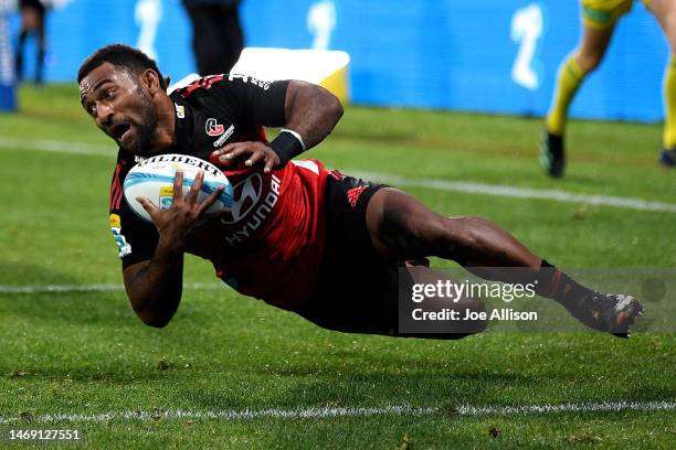 Sevu Reece of the Crusaders secures the ball during the round one Super Rugby Pacific match between Crusaders and Chiefs at Orangetheory Stadium, on...