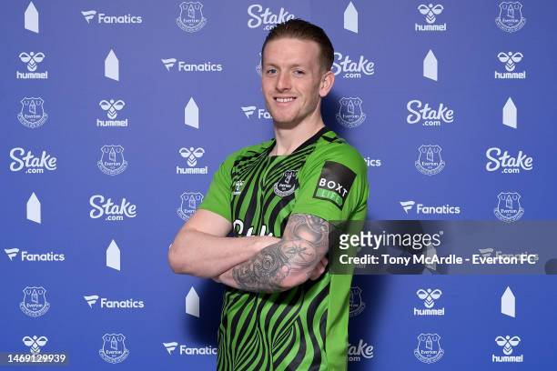 Jordan Pickford of Everton poses for a photo after signing a new contrat at Finch Farm on February 24, 2024 in Halewood, England.