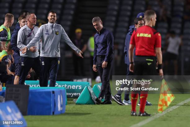 Nick Montgomery coach of the Mariners reacts to receiving a red card during the round 18 A-League Men's match between Central Coast Mariners and...