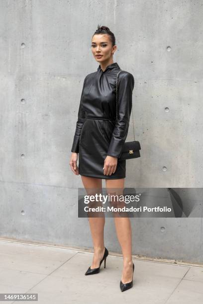 Indian model and actress Amy Jackson guest at the Emporio Armani fashion show at Milan Fashion Week Women's FW 2023/2024. Milan , February 23rd, 2023