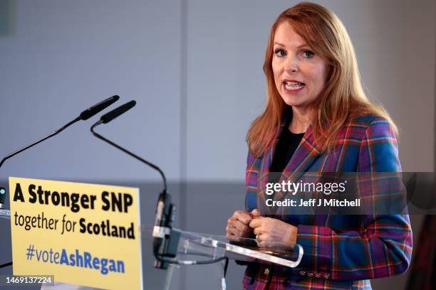 Candidate Ash Regan speaks to media as she launches her leadership bid on February 24, 2023 in South Queensferry, Scotland. Candidates for the SNP...