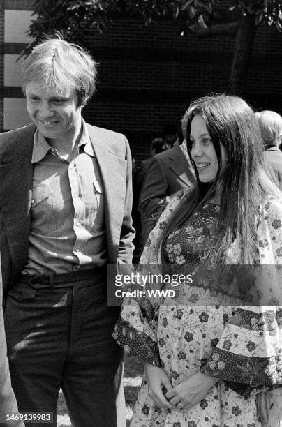Jon Voight and Marcheline Bertrand attend a USC Friends of the Library lunch in Los Angeles on March 19, 1973.
