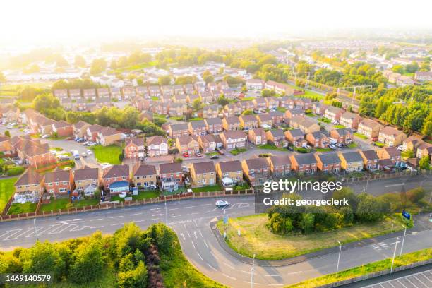 suburban housing development - aerial view - isometric town stock pictures, royalty-free photos & images