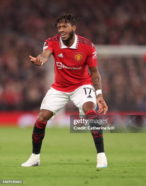 Fred of Manchester United during the UEFA Europa League knockout round play-off leg two match between Manchester United and FC Barcelona at Old...