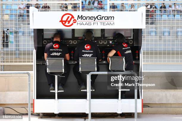 The three seater pit wall of the Haas F1 team is pictured during day two of F1 Testing at Bahrain International Circuit on February 24, 2023 in...