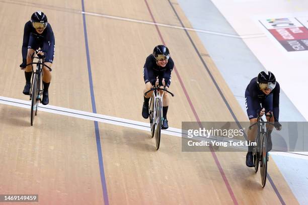 Team New Zealand reacts after winning the Women's Team Pursuit Final during day two of the UCI Track Nations Cup at Jakarta International Velodrome...