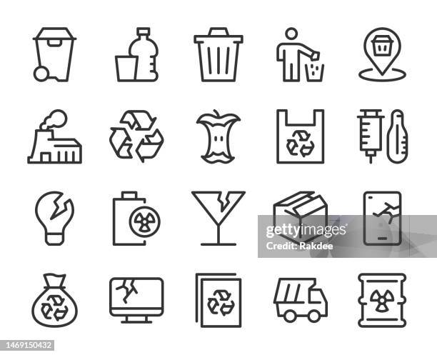 garbage - line icons - truck dustbins stock illustrations