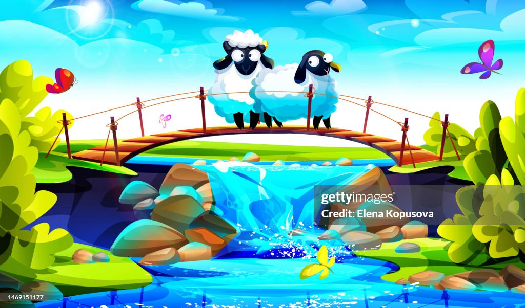 Summer Vacation Concept In Cartoon Style Cheerful Sheep On The Bridge Near  The Waterfall With Butterflies On A Sunny Summer Day High-Res Vector  Graphic - Getty Images