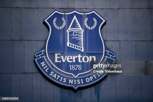 The official Everton FC badge on the side of Goodison Park ahead of the Premier League match between Everton FC and Leeds United at Goodison Park on...