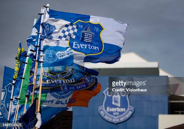 The Everton FC badge on flags outside Goodison Park ahead of the Premier League match between Everton FC and Leeds United at Goodison Park on...