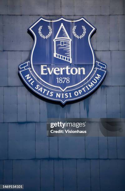 The official Everton FC badge on the side of Goodison Park ahead of the Premier League match between Everton FC and Leeds United at Goodison Park on...