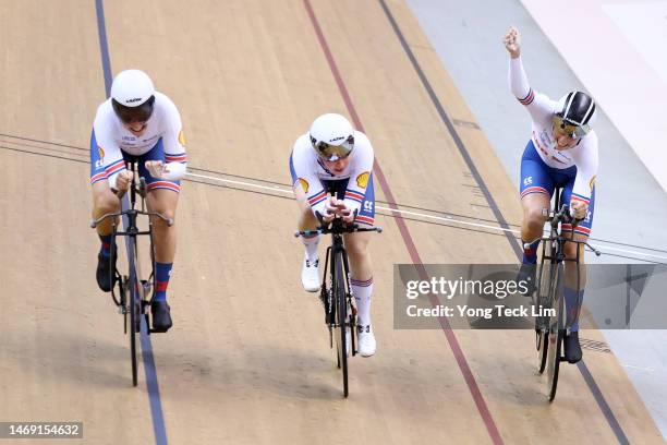 Team Great Britain celebrates after winning bronze in the Women's Team Pursuit bronze medal event during day two of the UCI Track Nations Cup at...