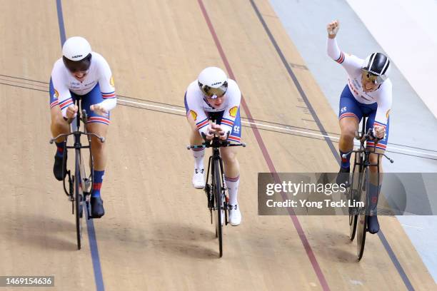 Team Great Britain celebrates after winning bronze in the Women's Team Pursuit bronze medal event during day two of the UCI Track Nations Cup at...