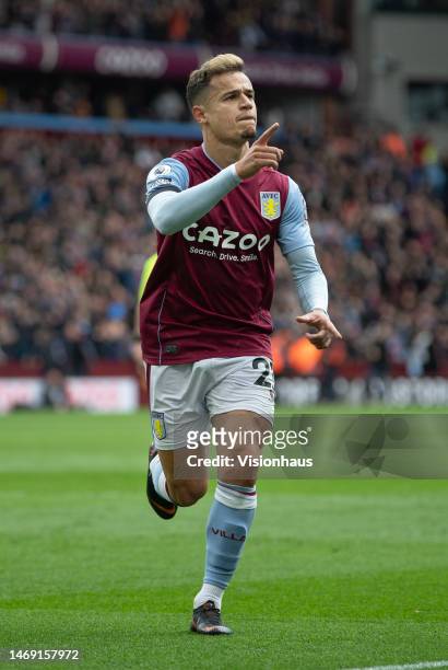 Philippe Coutinho of Aston Villa celebrates scoring during the Premier League match between Aston Villa and Arsenal FC at Villa Park on February 18,...