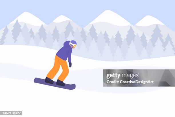 male snowboarder sliding downhill on ski slope - ski hill stock illustrations