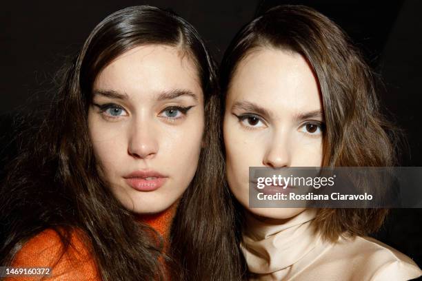 Models pose backstage at the Anteprima fashion show during the Milan Fashion Week Womenswear Fall/Winter 2023/2024 on February 23, 2023 in Milan,...
