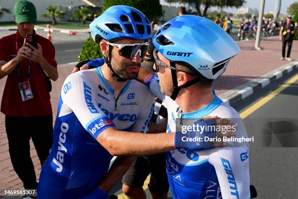 Luka Mezgec of Slovenia and Dylan Groenewegen of The Netherlands and Team Jayco Alula celebrates the victory at finish line during the 5th UAE Tour...