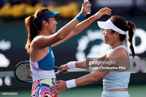 Hao-Ching Chan of Chinese Taipei and Latisha Chan of Chinese Taipei celebrate defeating Desirae Krawczyk of USA and Demi Schuurs Netherlands during...