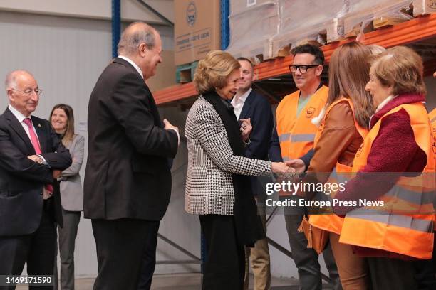 Queen Sofia greets the volunteers of the Food Bank of Roquetas de Mar on February 24, 2023 in Roquetas de Mar, . Queen Sofia visits the Food Bank of...