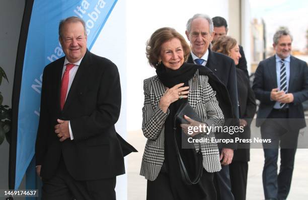 Queen Sofia greets the people waiting for her on her arrival at the Food Bank of Almeria on February 24, 2023 in Roquetas de Mar, .Queen Sofia visits...