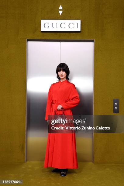 Ai Hashimoto arrives at the Gucci show during Milan Fashion Week Fall/Winter 2023/24 on February 24, 2023 in Milan, Italy.