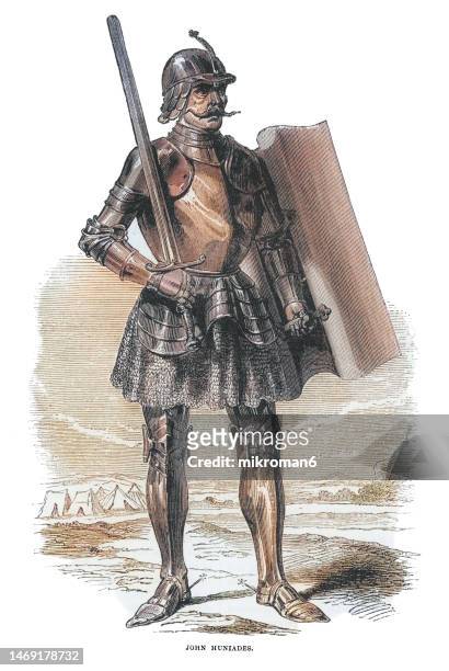 old engraving illustration of john hunyadi (1406-1456) regent of the kingdom of hungary (1446-1452) defended hungary from attempted invasions by the ottoman empire - chain mail textile stock pictures, royalty-free photos & images