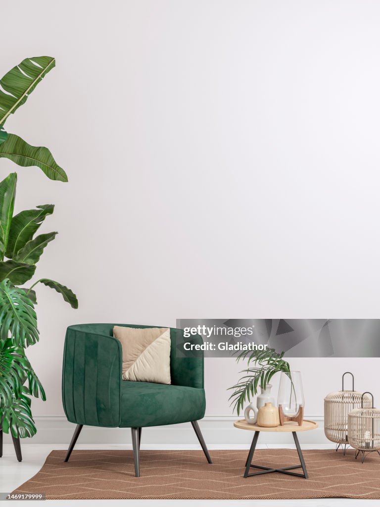 Cozy retro-chic interior with an art deco armchair, cabinet and potted plants, 50s- 60s decoration