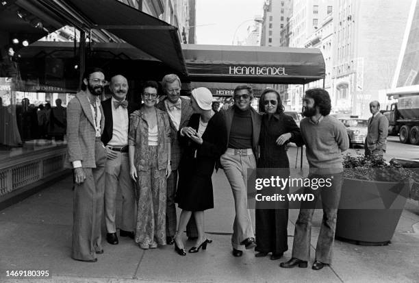 Designers Don Kline, Lee Bailey, Viola Sylbert, Dick Huebner, Ralph Lauren, Holly Harp, and Carlos Falchi and Bendel's president Geraldine Stutz pose...