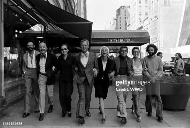 Designers Don Kline, Lee Bailey, Viola Sylbert, Dick Huebner, Ralph Lauren, Holly Harp, and Carlos Falchi and Bendel's president Geraldine Stutz pose...