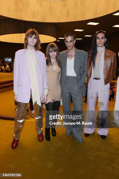 Thomas Raggi, Victoria De Angelis, Damiano David and Ethan Torchio of the band Maneskin and Benedetta Porcaroli are seen at the Gucci show during...