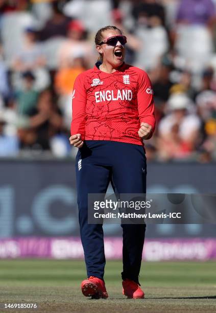 Sophie Ecclestone of England celebrates the wicket of Nadine de Klerk of South Africa during the ICC Women's T20 World Cup Semi Final match between...