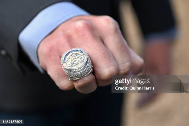 Detail view of NASCAR Cup Series driver, Ricky Stenhouse Jr. Daytona 500 championship ring at the Field Museum on February 21, 2023 in Chicago,...