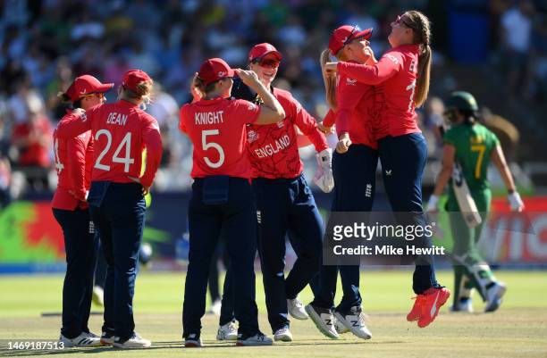 Sophie Ecclestone of England celebrates the wicket of Nadine de Klerk of South Africa during the ICC Women's T20 World Cup Semi Final match between...