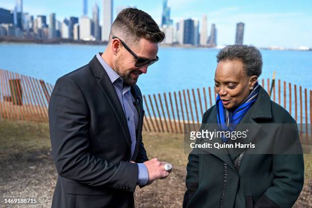 Cup Series driver, Ricky Stenhouse Jr. Displays his Daytona 500 championship ring to Chicago Mayor Lori Lightfoot on February 21, 2023 in Chicago,...