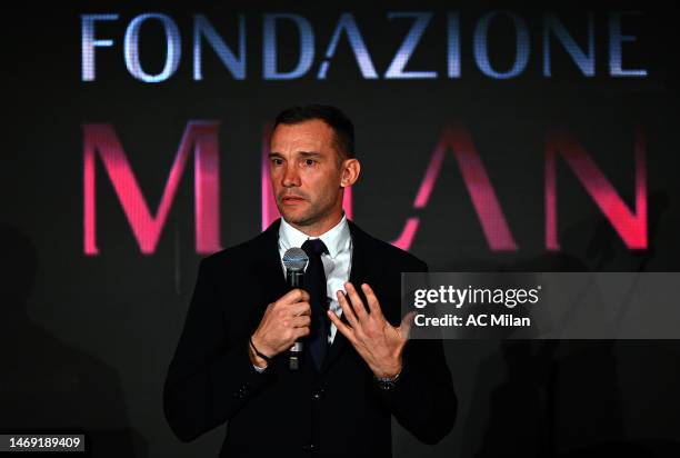 Andriy Shevchenko talks on stage during the AC Milan Foundation Gala Evenon February 23, 2023 in Milan, Italy.